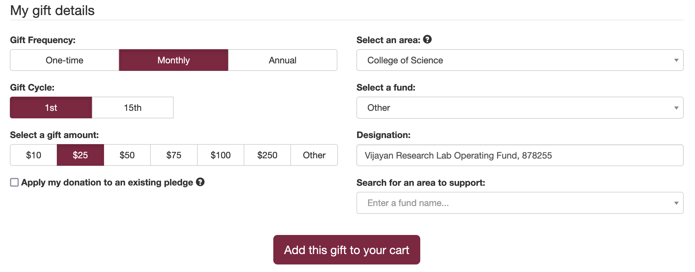 Screenshot Link to the Virginia Tech Online Giving System